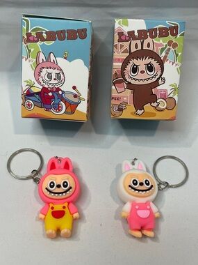 LABUBU Kids Keychain Set - Pink & White Cute Character Keyrings